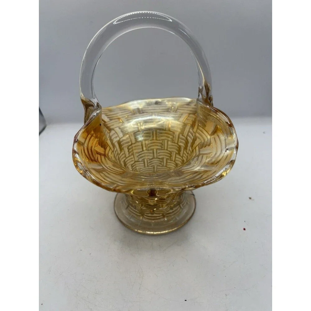 Vintage Marigold 6” Dugan Carnival Glass Weaved Pattern Basket